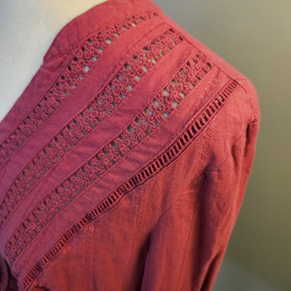 Free People Deep Pink V-Neck Eyelet Blouse Women's Size Small S - Picture 12 of 16
